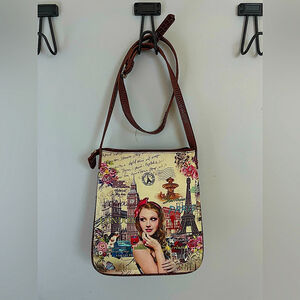 Starriness, London purse with script and girl, 3 zipper pockets, long strap